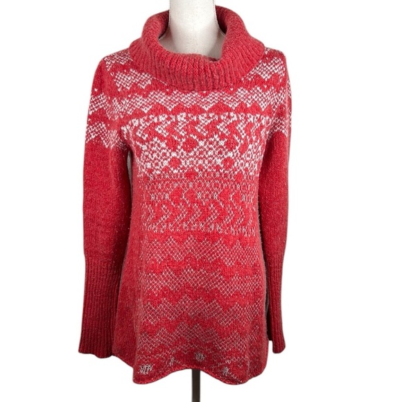 Free People Fair Isle Nordic Red & Cream Wool Blend Turtleneck Sweater Large - Picture 1 of 7